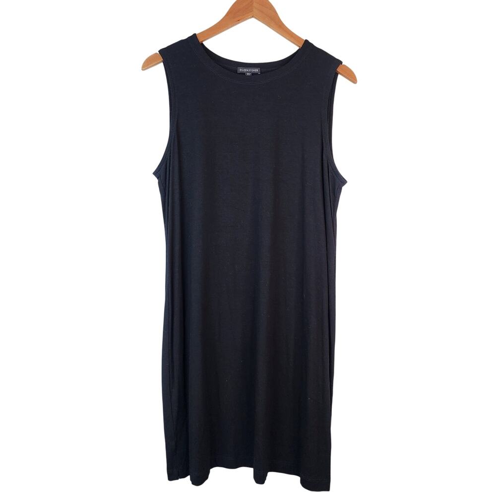 Eileen Fisher Viscose Jersey Knit Stretch Tank Dress Black LARGE Crewneck